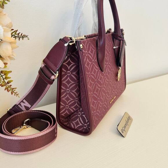 Michael Kors Purse Mirella Small Metallic Logo Jacquard Crossbody Bag Oxblood - Picture 3 of 10